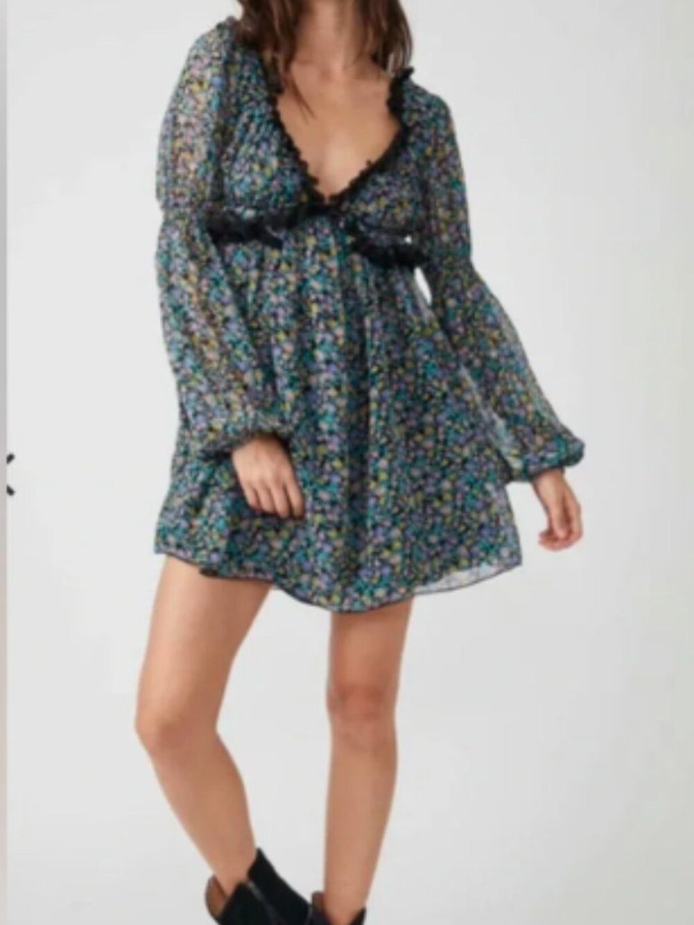 NWOT Like New Free People Pennie Mini Dress Blue Black Floral Combo Small